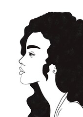 Illustration d’un portait de profil d’une jeune femme afro-américaine. Dessin minimaliste au trait noir, sa coiffure bouclé est noir..  © Julie