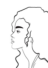 Illustration d’un portait d’une jeune fille afro-américaine aux cheveux frisée, vu de profil. Dessin minimaliste au trait noir. Image lier à la femme, la mode et au cosmétique, icône de marque de luxe