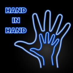 hand in hand neon sign, modern glowing banner design, colorful modern design trends on black background. Vector illustration.