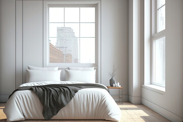 A side view of a carpeted and parquet floor, a white bed with linens and pillows, and a blank space above it. city view from a wooden bedroom with no people. Generative AI
