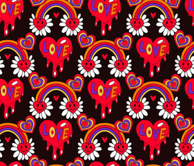Valentine's Day groovy retro 70s seamless pattern. Love and peace endless texture. Backdrop. vector illustration