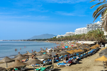 Panoramic view of beach in Marbella, Spain on September 11, 2022