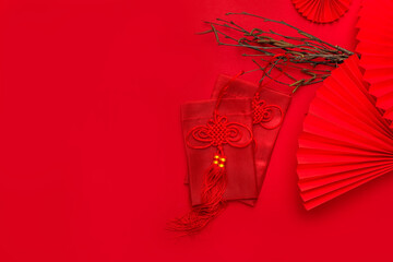 Chinese New Year 2023 .Decor pattern fan on red background. Red paper fans .Lunar New Year banner template. Lunar New Year,chinese banner,chinese new year background