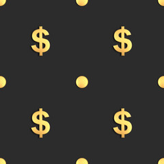 Seamless and tile Pattern of dollar signs and dots of coin on dark grey background, 3D rendering