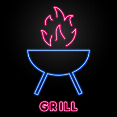grill neon sign, modern glowing banner design, colorful modern design trends on black background. Vector illustration.