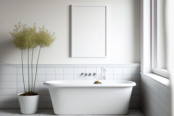 Naklejka na ściany i meble Wall mockup and white, pleasant bathroom backdrop. Generative AI