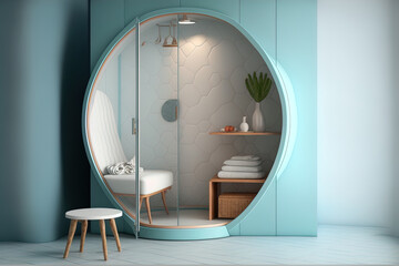 Interior of a shower room with a blue wall, a seat, a trendy circular mirror, and a white and grey shower cabin. tiles made of wood. a notion for a contemporary home design. Generative AI