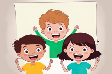 Happy children holding an advertising on a white, blank poster. Children smiling while holding a faux flag or sign during a rally. illustration. Generative AI