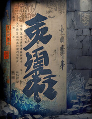 Chinese Graffiti on street wall, illustartion, granular texture