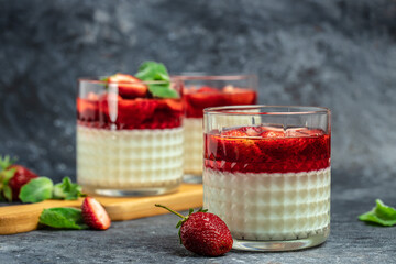 Panna cotta vanilla with strawberry sauce jelly and mint. Italian dessert, place for text