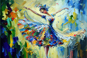 a woman in a big dress dancing with different colors, oil painting style, generative ai technology
