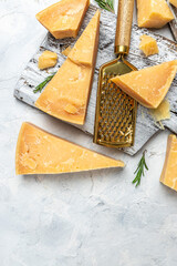 grated parmesan cheese and metal grater on a light table, vertical image. top view. place for text
