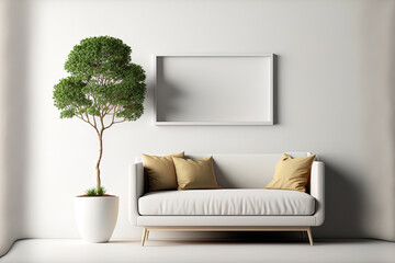 Illustration of interior mockup featuring white sofa, beige pillows, and miniature olive tree on blank living room wall. Generative AI