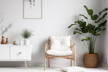 White room with natural wooden furniture, Scandi Boho background for mock up frame,. Generative AI