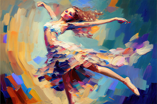 a young blonde woman dancing ballet, action pose, with different colors in oil painting style, generative ai technology
