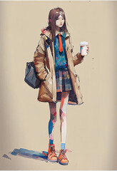 a beautiful abstract anime girl standing with a coffee in hand, generative ai technology
