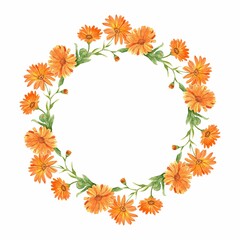 A beautiful wreath of calendula. Round flower arrangement on a white background. A wreath of medicinal flowers to decorate homeopathic tea, eco-products, natural cosmetics. Watercolor