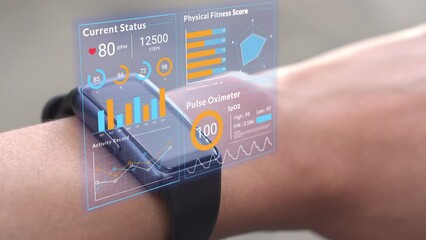 Futuristic hologram infographic display on smartwatch, 3d rendering medical data user interface screen app on hi-tech watch, heart rate SpO2 scanning and physical health condition UI technology - Powered by Adobe