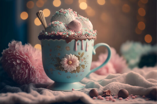 Floral vintage mug full of hot chocolate on the coffee table, pastel macrons