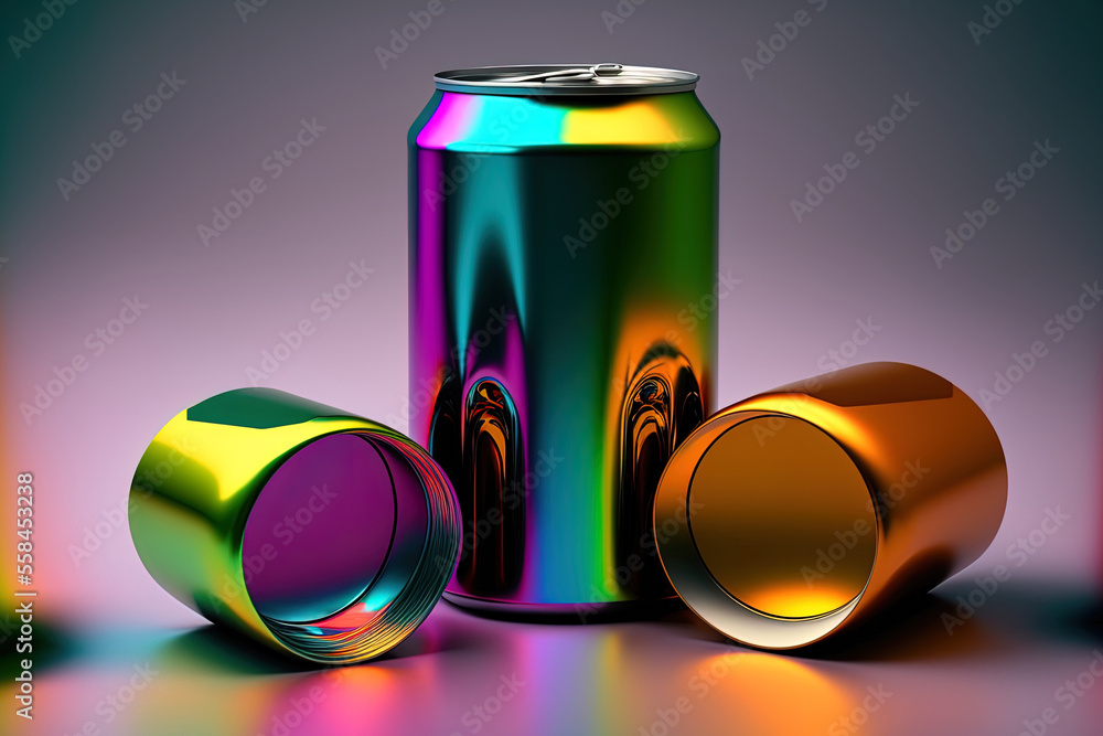 Poster aluminum container with various colors lying still on a limbo. generative ai