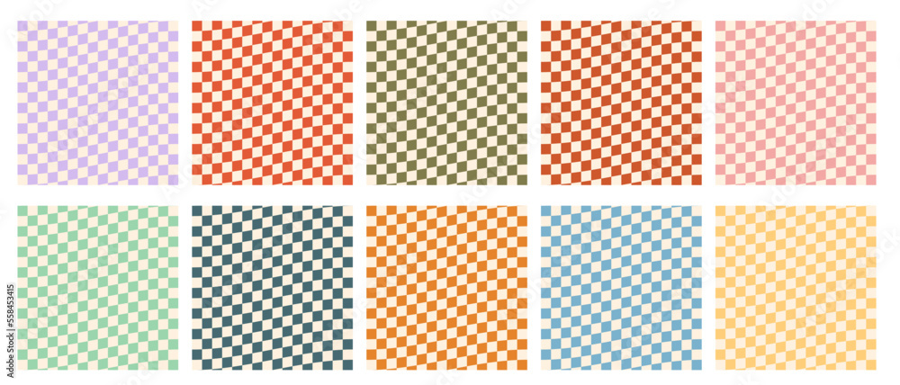 Poster vector set of checkered retro seamless patterns.retro groovy checkered distorted patterns.retro wavy