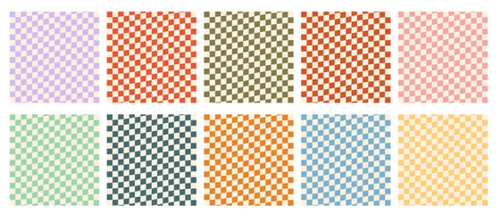 Vector set of checkered retro seamless patterns.Retro groovy checkered distorted patterns.Retro wavy psychedelic checkerboard