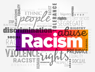 Racism - process by which systems and policies, actions and attitudes create inequitable opportunities for people based on race, word cloud concept background