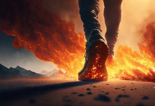 illustration of fearless feet walking pass the fire flame on the ground	
