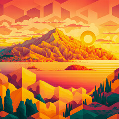Beautiful Spanish mountains landscape, colorful illustration