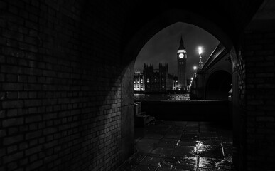 Black and white photo with Big Ben clock tower after renovation. Night landscape photo in London...