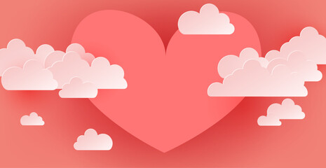 Happy Valentine day celebration card template. Vector illustration background with paper cut hearts and clouds