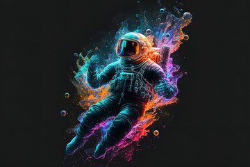 The astronaut floats in colors, in the dark.