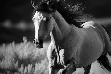 Black and white photograph of a Spanish running horse. Generative AI