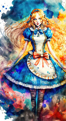 Naklejka premium alice is walking into the camera, strong view, watercolor style, in wonderland, generative ai technology 