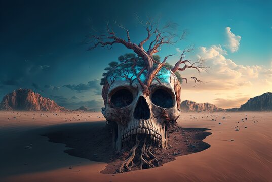 surreal landscape a giant skull with tree and plant grow from top in middle of drought landscape