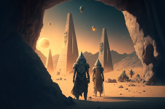 sci-fi illustration of ancient Egypt empire with alien, lost civilization