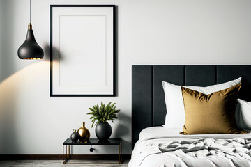 Background of a modern bedroom, mockup of a blank wall. Generative AI
