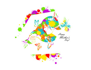 Happy mother's day. Side view of Happy mom with her baby child together silhouette plus abstract watercolor painted. Digital art painting. Vector illustration.