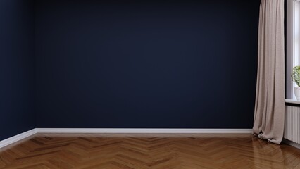 empty room with blackwall, curtain and parquet, 3d render	
