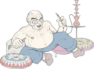 Funny character smoking in hookah