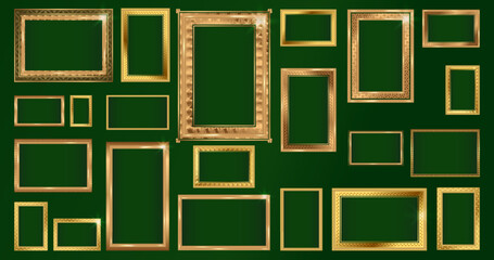 Empty painting or picture frame with golden engraved and carved Thai wooden borders.  Set of decorative retro ornamental detailed picture frames. Old classic vector baroque golden frames collection. - obrazy, fototapety, plakaty
