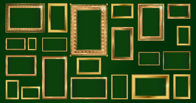 Empty painting or picture frame with golden engraved and carved Thai wooden borders.  Set of decorative retro ornamental detailed picture frames. Old classic vector baroque golden frames collection.