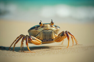 Fototapeta na wymiar Close up of a fiddler crab against a backdrop of the open seas. Generative AI