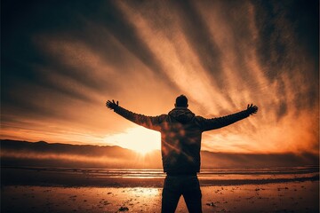 Fototapeta premium Grateful Person facing sunset