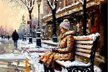 a lonely woman is sitting on a bench in winter in a city, oil painting style, generative ai technology
