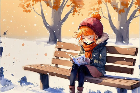 a cute young anime manga girl reading a book on a bench in winter, warm hat, generative ai technology
