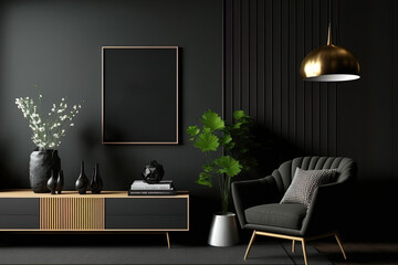 Modern luxury living room interior background, living room interior mockup, interior with black walls, dark interior of living room with black wall, chair, and wooden console,. Generative AI