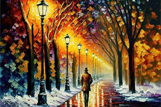 a lonely man walking in winter alone under a long road of street lamps, warm oil painting art, generative ai technology

