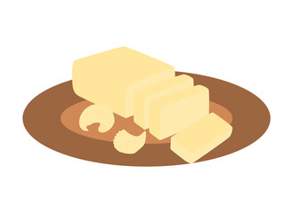 Natural butter and cut pieces on wooden round plate. Dairy products. Illustration isolated design