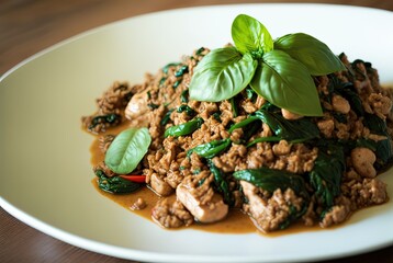  illustration of close up traditional Thai cuisine dish, Pad Kra Pao, stir-fried basil with minced meat	 - obrazy, fototapety, plakaty